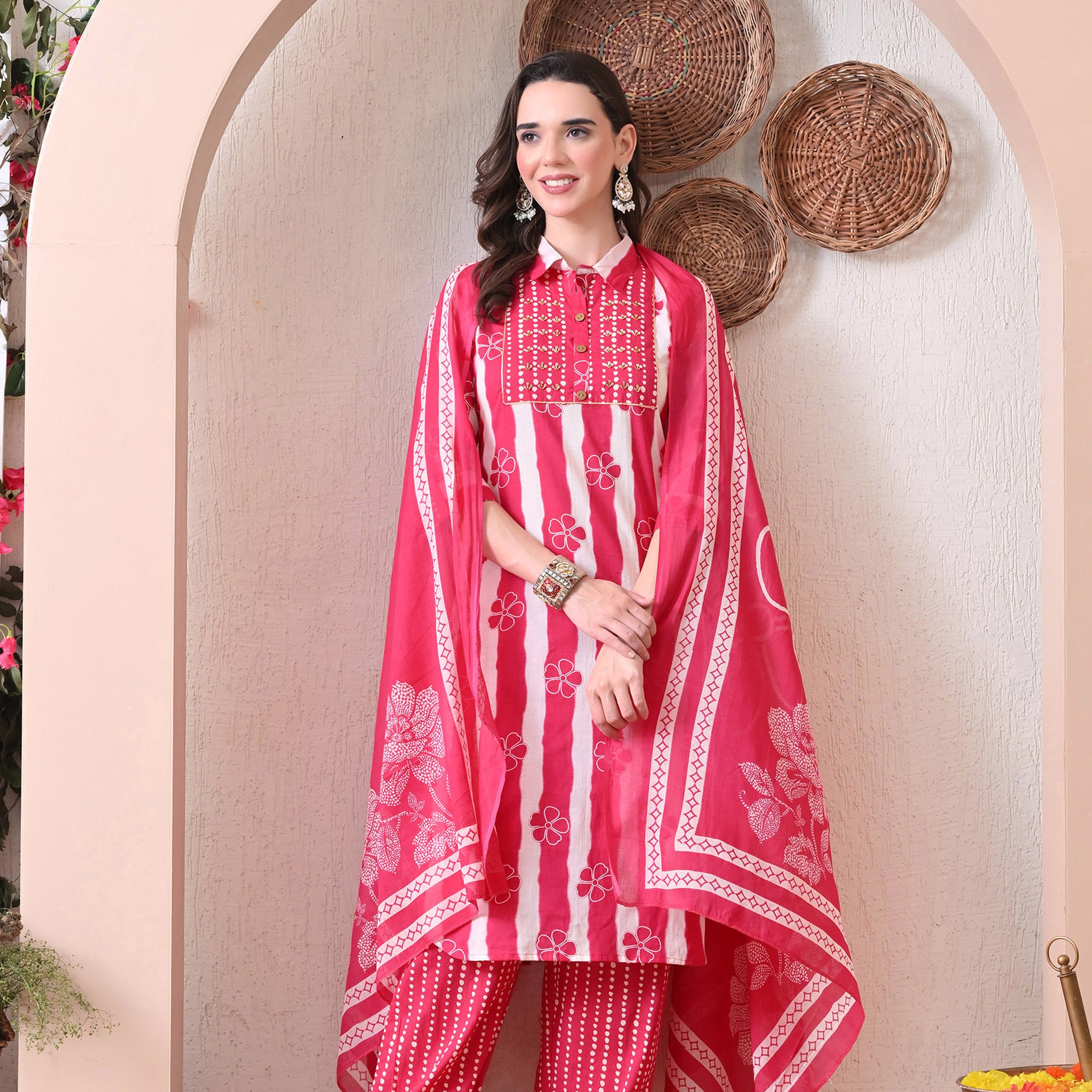 VBA Hot Pink Straight Kurta Pent Dupatta Set