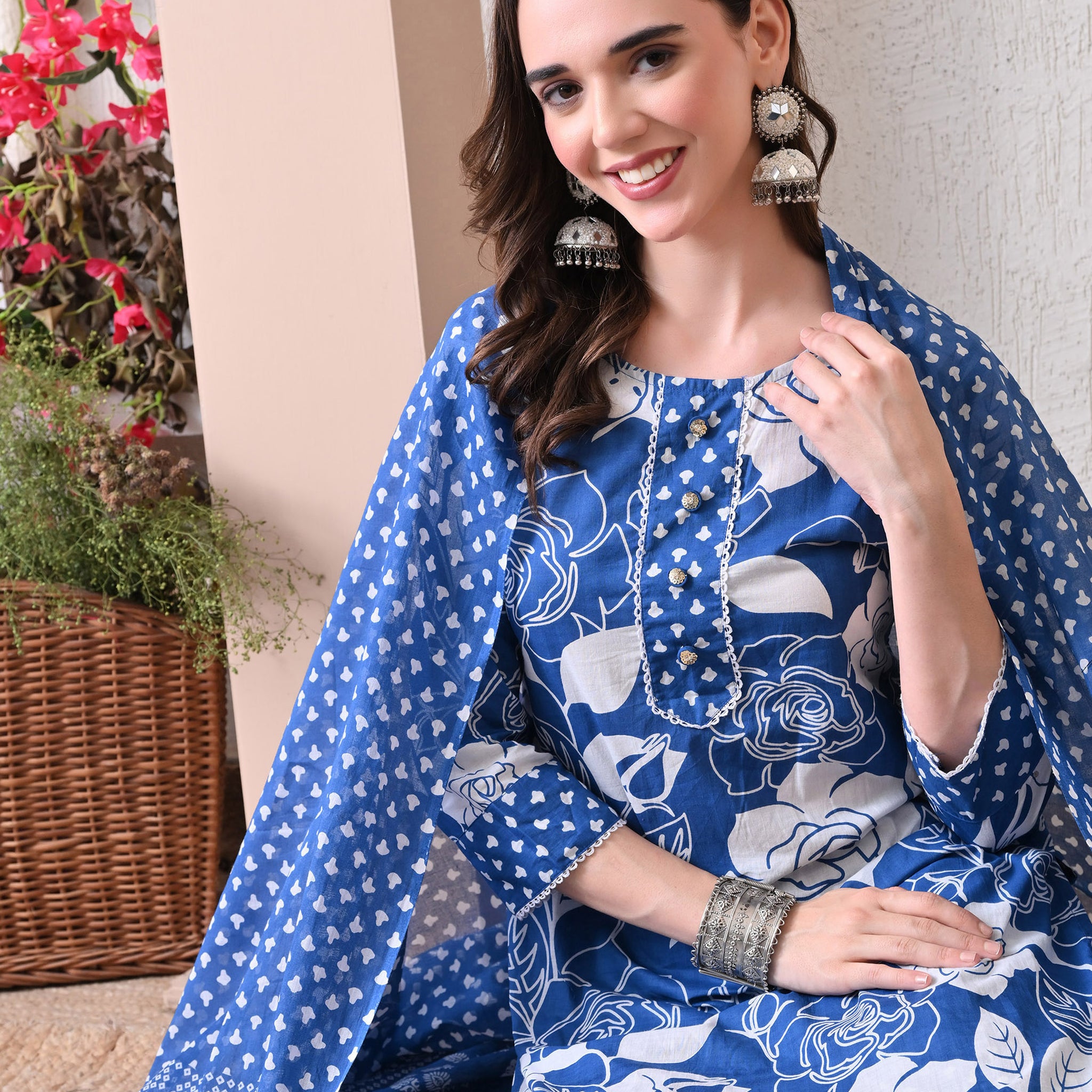 VBA Blue White Straight Kurta Pent Set