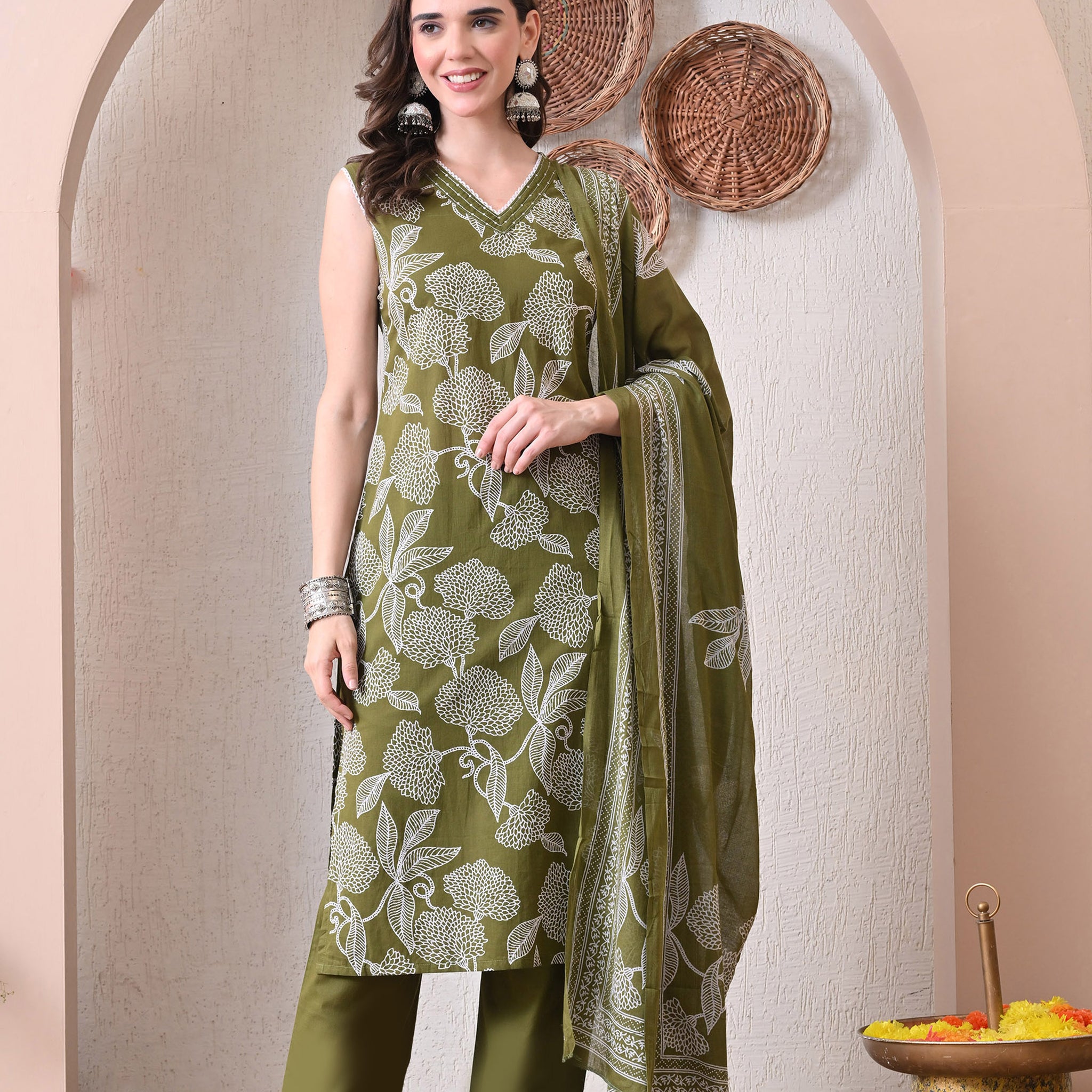 VBA Mehndi Green Sleeveless Kurta Pent Set