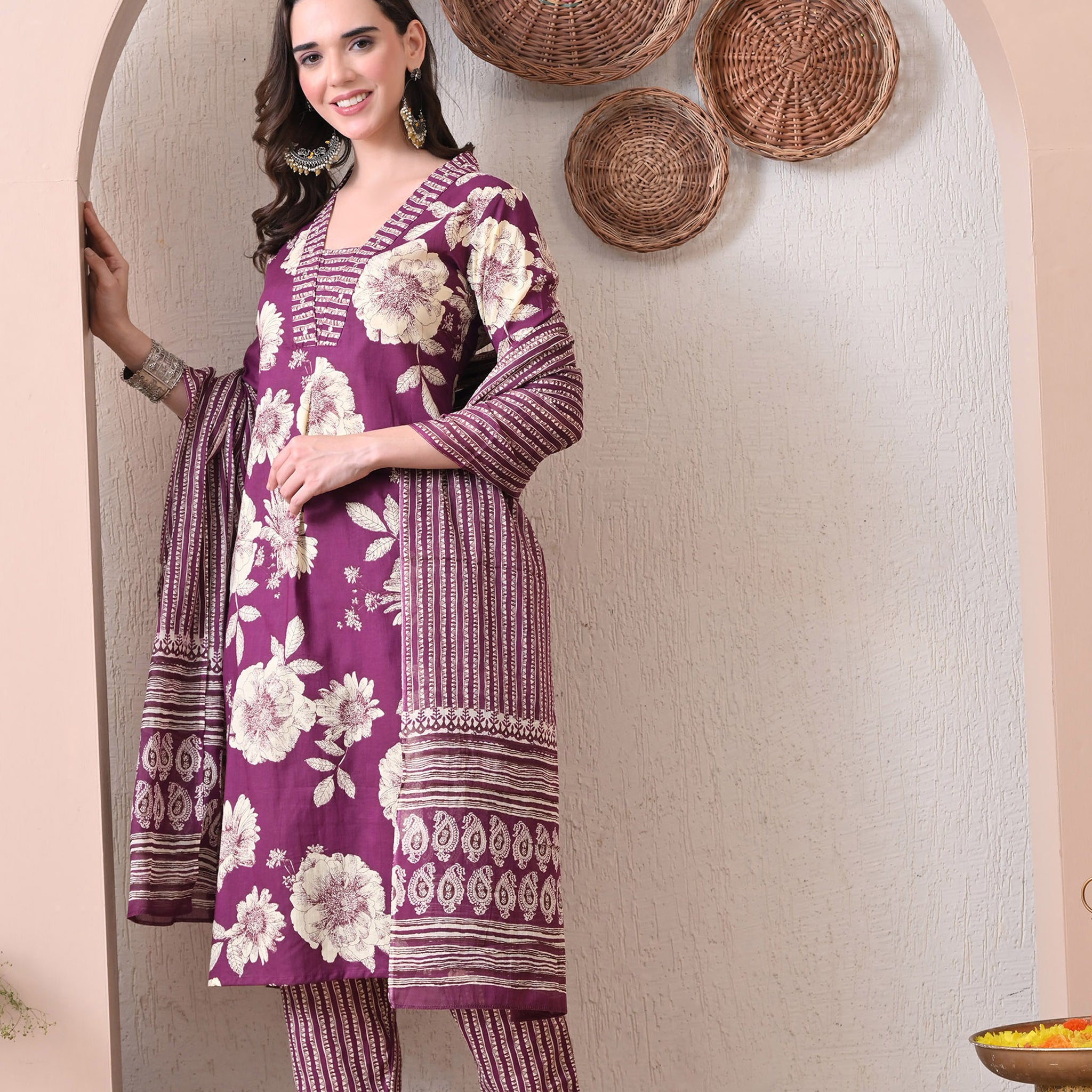 VBA Magenta V-Neck Kurta Pent Dupatta Set