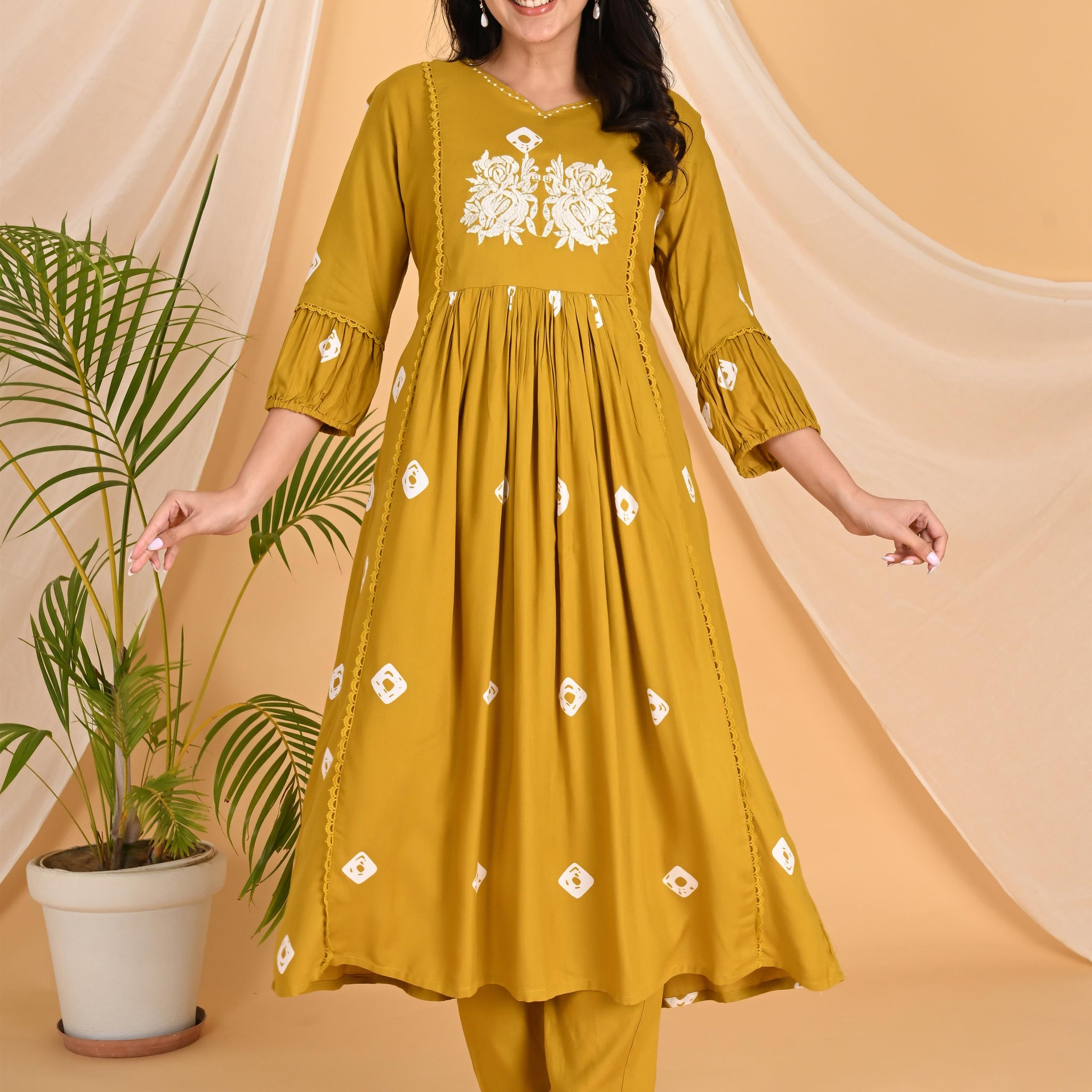 Mustard Flower embroidery kurta set