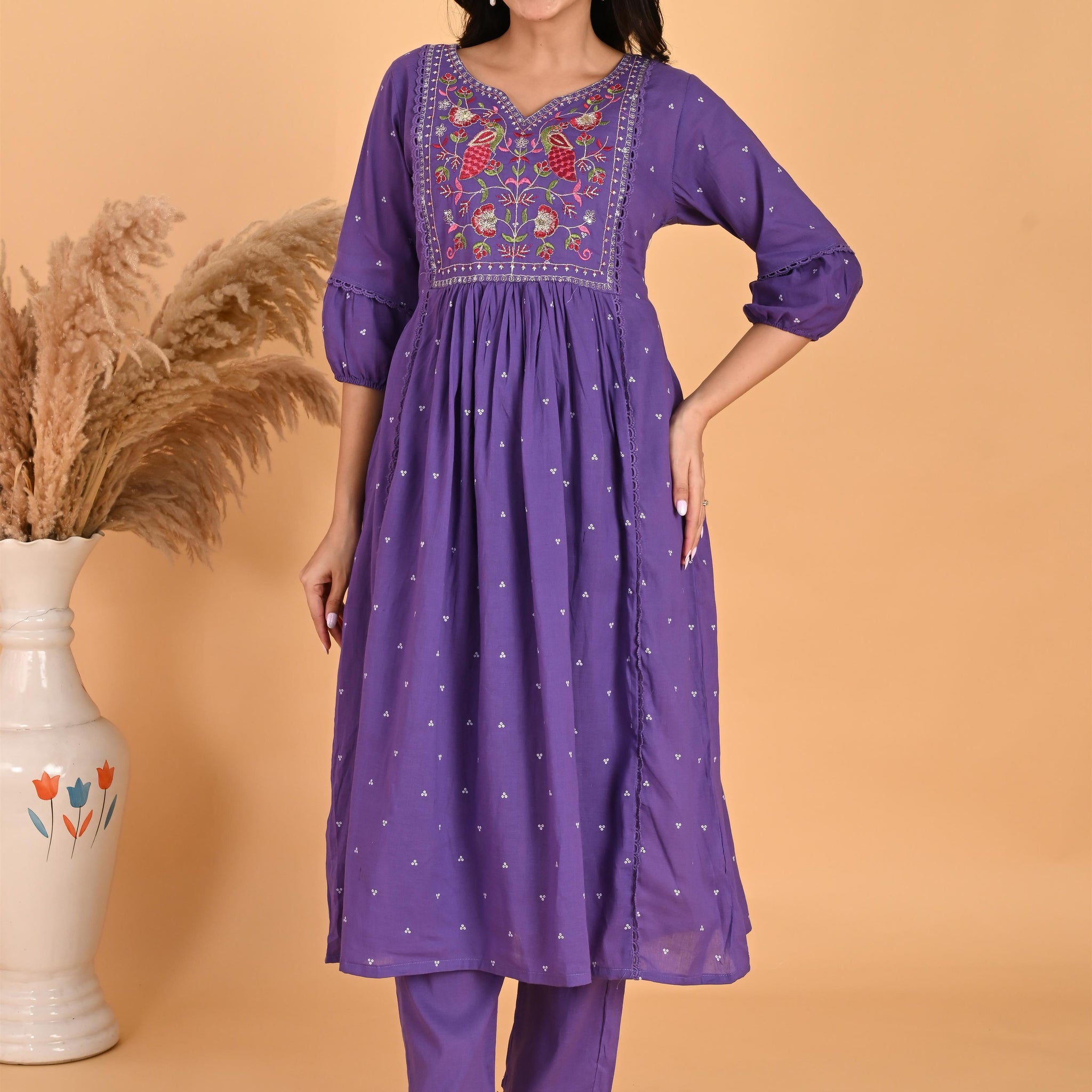 Purple Peacock embroidery kurta set