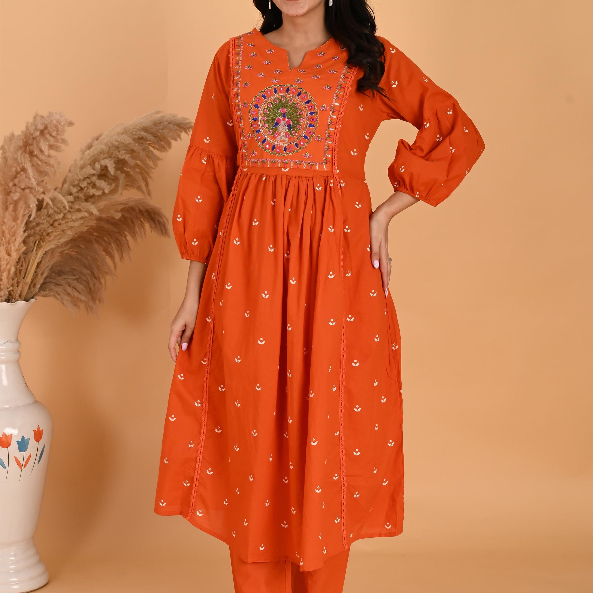 Orange Peacock kurta set