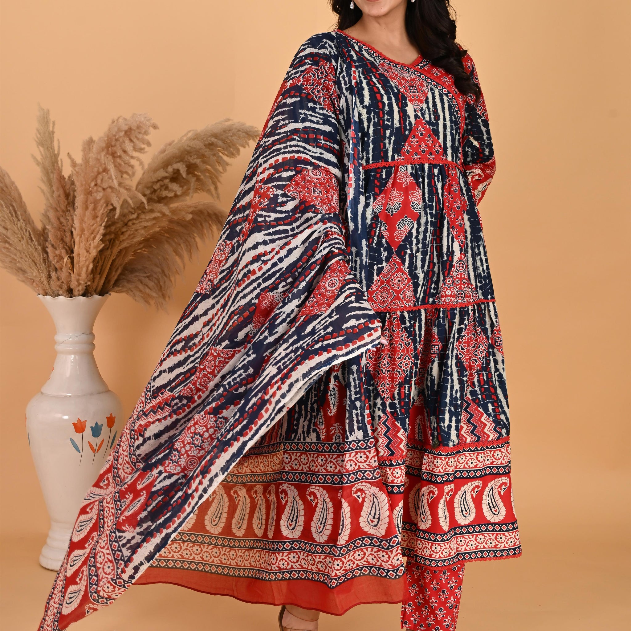Blue and Red Cotton Anarkali Pant With Dupatta