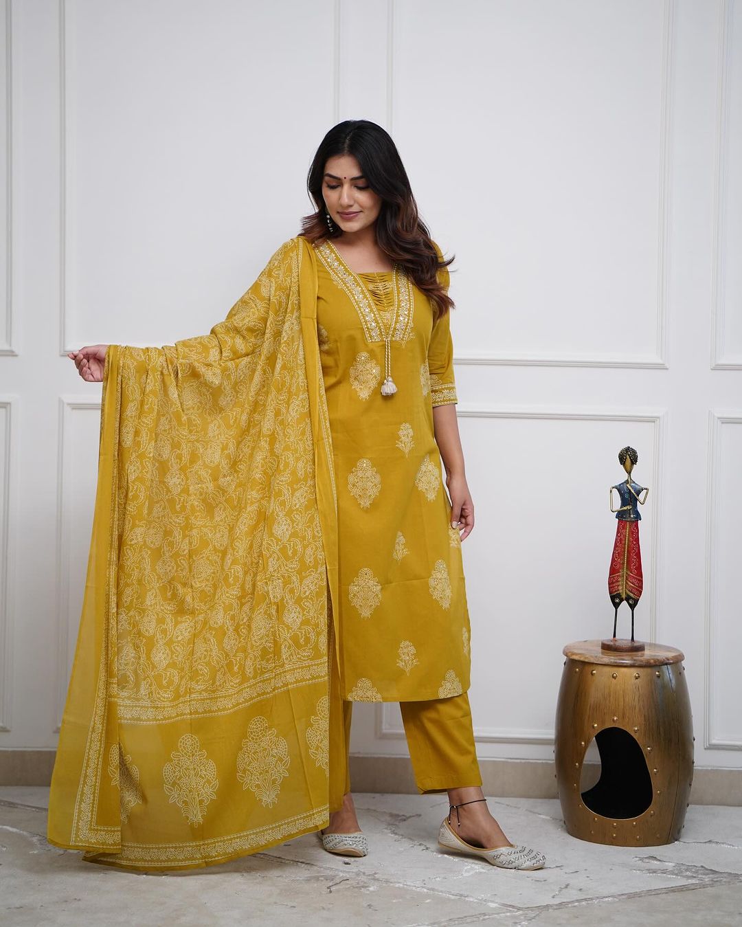 MUSTERED COTTON KURTA PANT WITH DUPATTA
