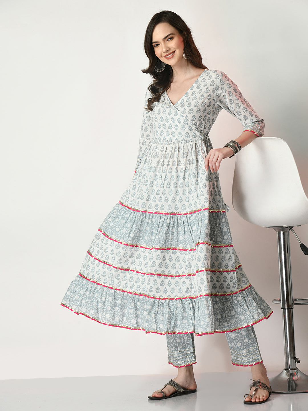 Grey Pure Cotton Printed  Kurti And Pant Set