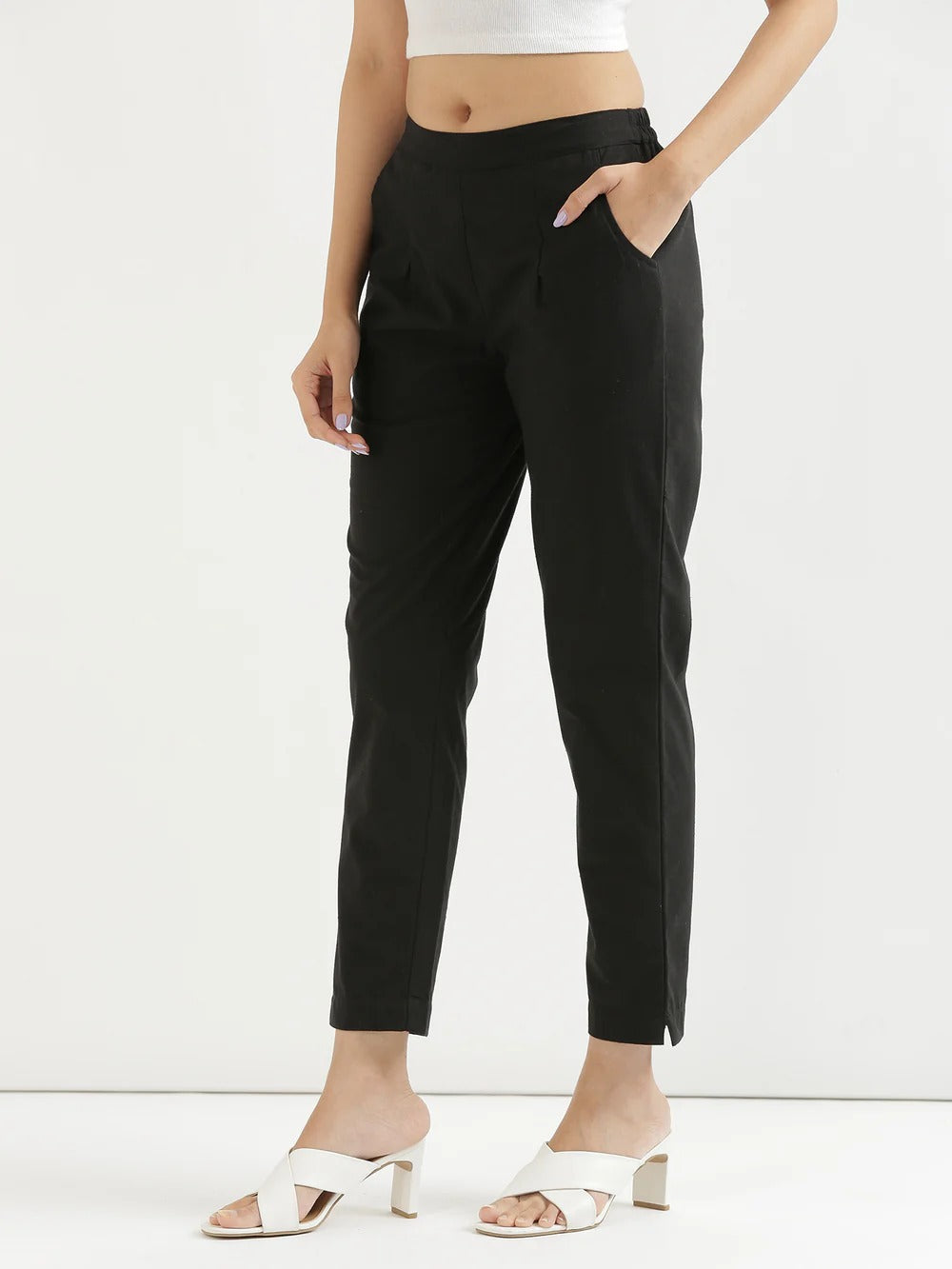 Black Everyday Solid Airy Linen Cotton Pant