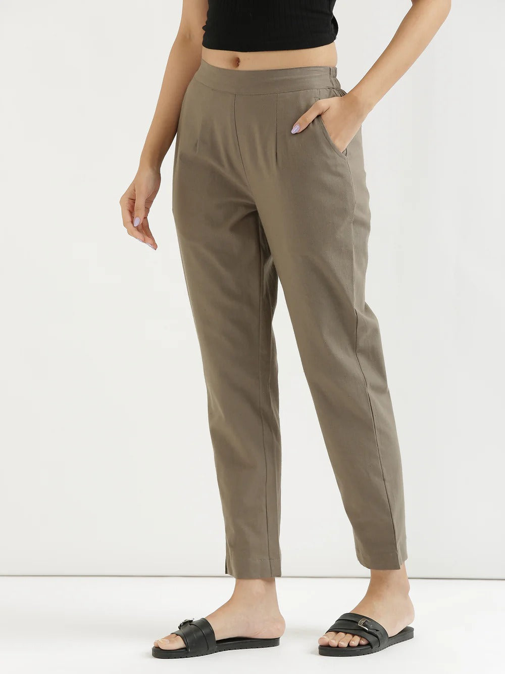 Grey Everyday Solid Airy Linen Cotton Pant