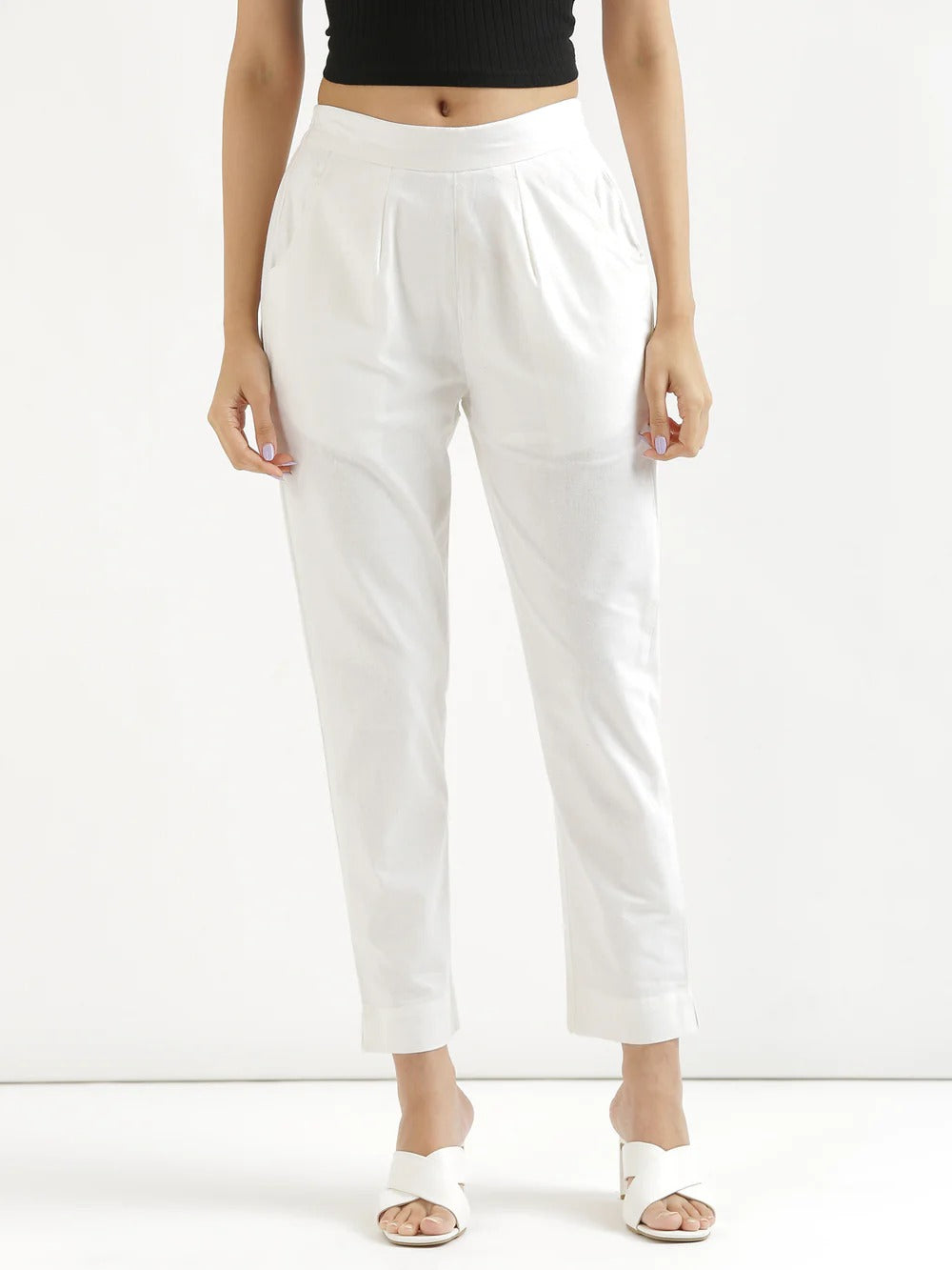 White Everyday Solid Airy Linen Cotton Pant