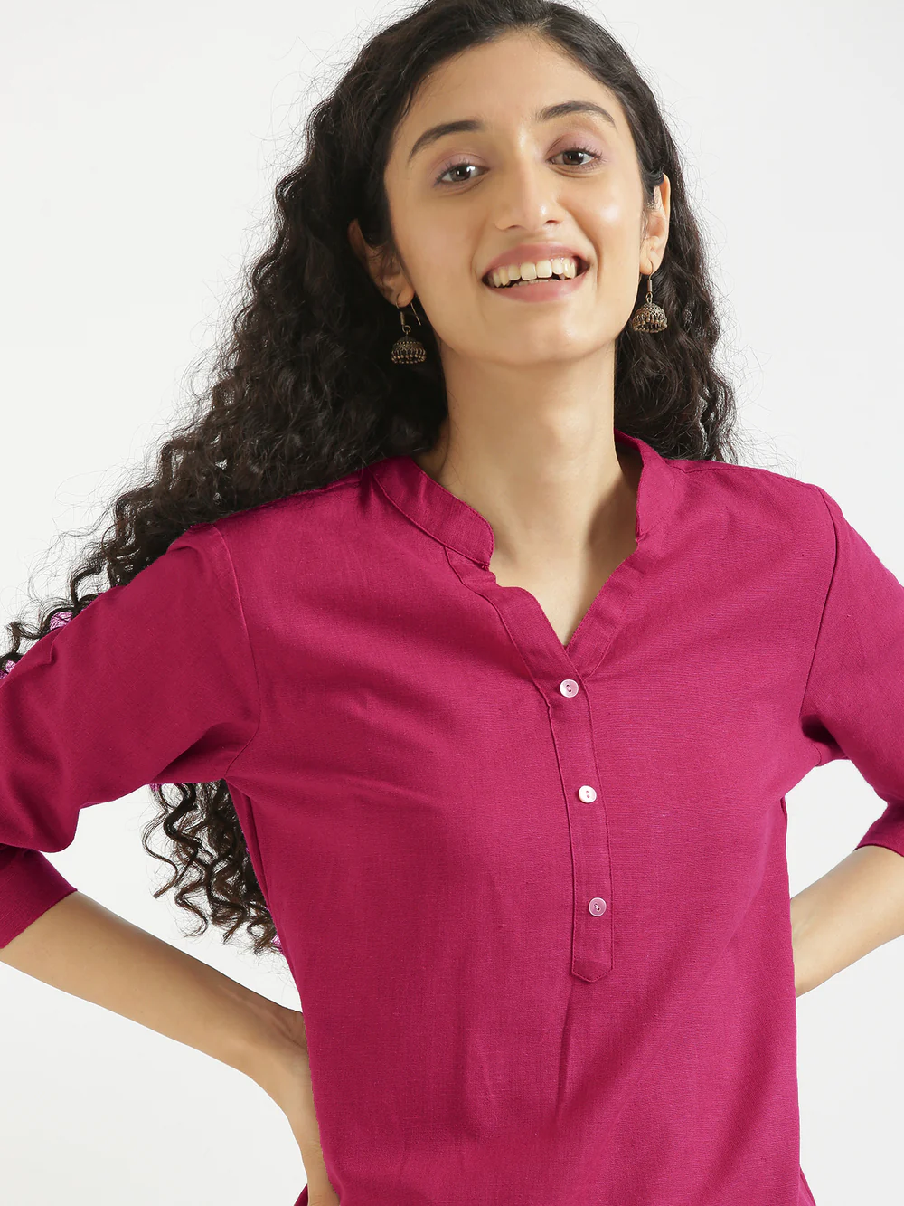 Hot Pink Airy Solid Linen Comfortable Short Kurta