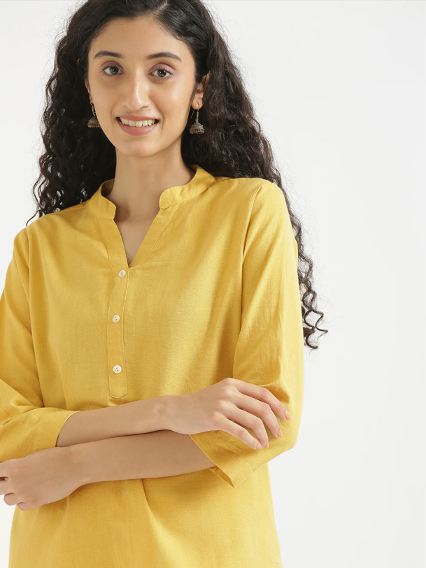 Yellow Airy Solid Linen Comfortable Short Kurta