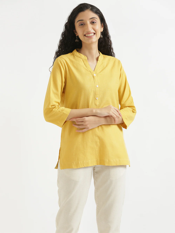 Yellow & Peach Airy Solid Linen Comfortable Short Kurta Combo